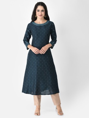 Span Women Self Design A-line Kurta(Blue)