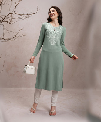 Vishudh Women Embroidered Straight Kurta(White, Light Green)