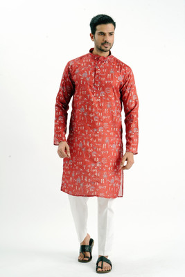 JODIDAR Men Printed Straight Kurta(Red)