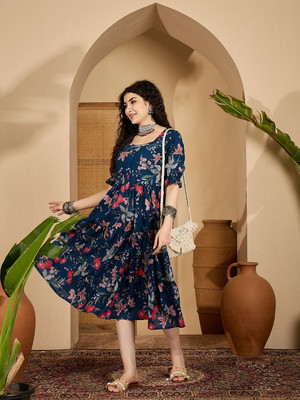 GOPI MOHAN Women Printed Anarkali Kurta(Blue)