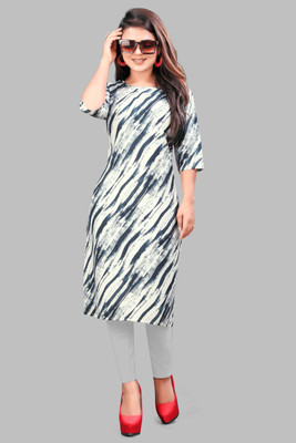 YATKSH Women Printed Straight Kurta(Dark Blue, White)