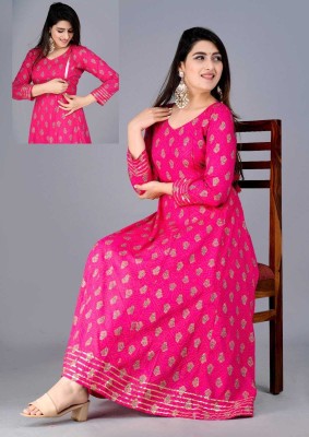 VMS Fashion Women Printed Anarkali Kurta(Pink, Gold)