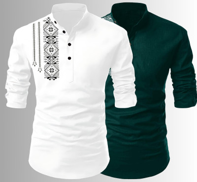 Kavyangle Creation Men Printed Straight Kurta(White, Green)