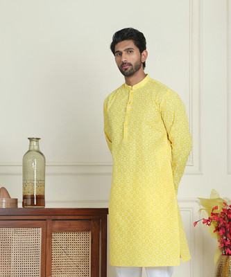Jompers Men Printed Straight Kurta(Yellow)