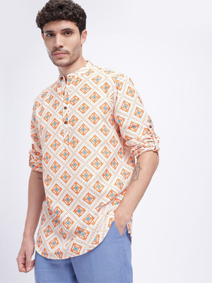 Anouk Rustic Men Geometric Print Straight Kurta(Beige)