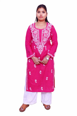 Ah cration Women Chikan Embroidery A-line Kurta(Pink)