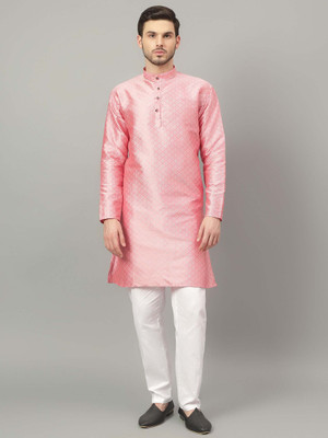 Yugnik Men Woven Design A-line Kurta(Pink)