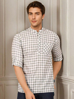 ANOUK Men Checkered Straight Kurta(Grey)