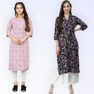 KAUTAQI Women Printed Straight Kurta(Multicolor)