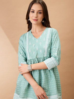 Globus Women Embroidered A-line Kurta(Green)
