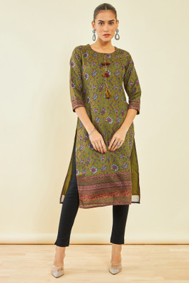 soch Women Kalamkari Straight Kurta(Green)
