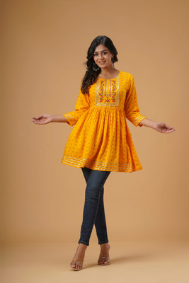 KRISHA CREATION Women Printed, Embroidered A-line Kurta(Yellow)