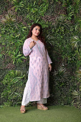 Chikirpolo Women Chikan Embroidery Straight Kurta(Pink)