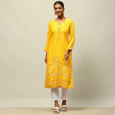 RANGRITI Women Printed Straight Kurta(Yellow)