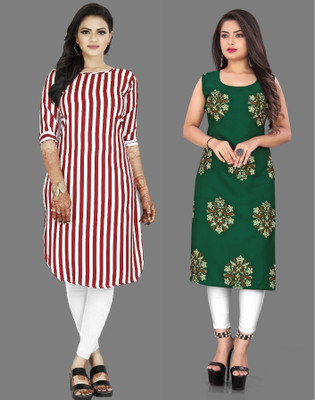 maruti fab Women Striped Straight Kurta(Green, Red)