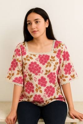 ssf Women Floral Print Cape Top Kurta(Pink)