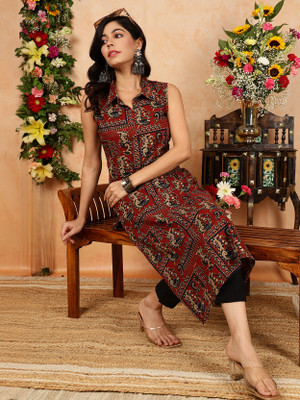VTF Women Printed Straight Kurta(Maroon)