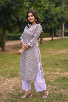 vivikaa Women Floral Print Straight Kurta(Grey)
