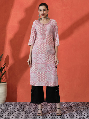 Sangria Women Printed A-line Kurta(Pink)
