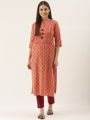 Rajnandini Women Printed Straight Kurta(Orange)