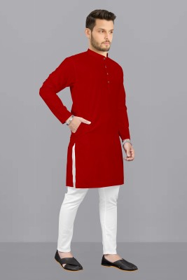 kanha creation Men Solid Straight Kurta(Red)