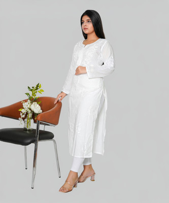 RANGAA NAWAAB Women Chikan Embroidery, Embroidered Straight Kurta(White)