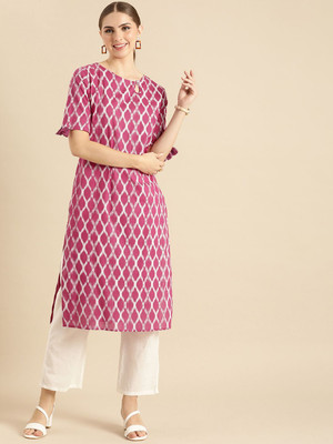 ANOUK Women Geometric Print Straight Kurta(Pink)