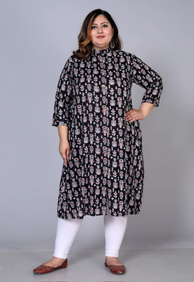 ShopGlobal Women Floral Print A-line Kurta(Black)