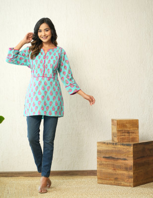 SADQUAY Women Block Print Straight Kurta(Green, Pink)