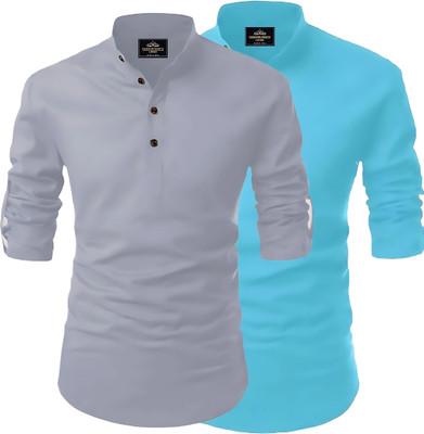 Kavyangle Creation Men Solid Straight Kurta(Grey, Blue)