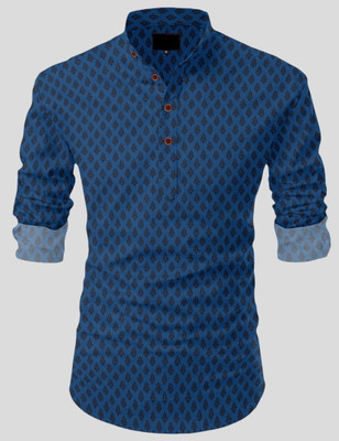 Nnc Men Geometric Print Straight Kurta(Dark Blue)