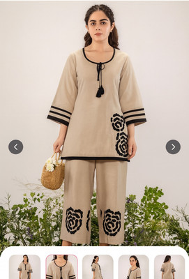 NAIDA Women Chikan Embroidery, Striped A-line Kurta(Beige, Black)