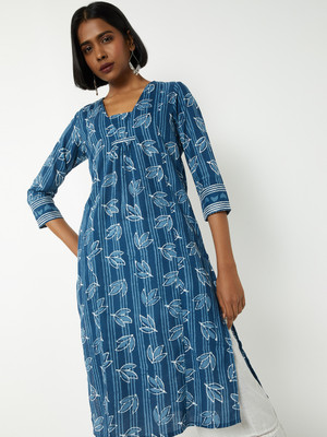 MAX Women Printed Straight Kurta(Blue)