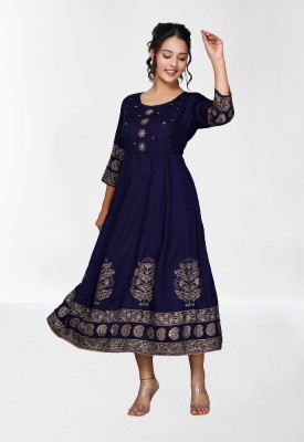 NAMAHART Women Printed Anarkali Kurta(Dark Blue)