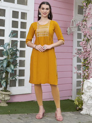 ANOUK Women Embroidered A-line Kurta(Yellow)
