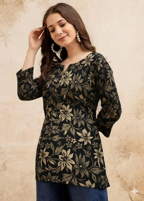 HF collections Women Printed A-line Kurta(Black)