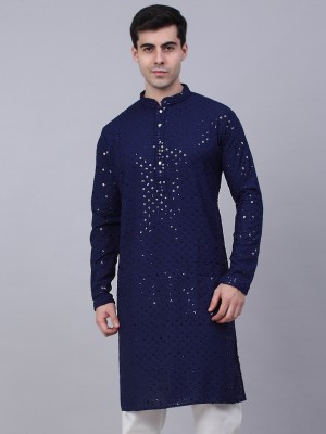 Jompers Men Embroidered Straight Kurta(Dark Blue)