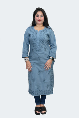 Narayani Collections Women Chikan Embroidery Straight Kurta(Grey)