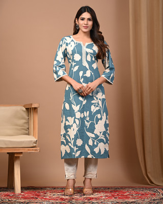 Glamazon Women Floral Print A-line Kurta(Blue)