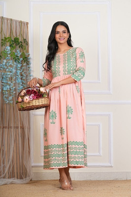 Priyshi Designing Women Printed, Block Print Flared Kurta(Pink)