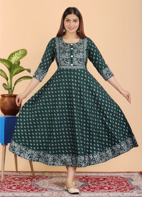 Hand Block Print Women Printed Anarkali Kurta(Green)