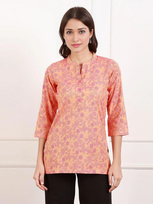 TRUE SHAPE Women Printed Straight Kurta(Orange)
