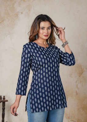 MK ART WITH DEVICE Women Printed A-line Kurta(Blue, White)