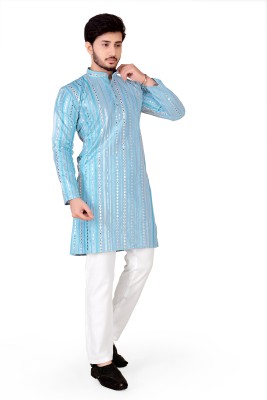 TRUST OUS Men Embroidered Straight Kurta(Light Blue)