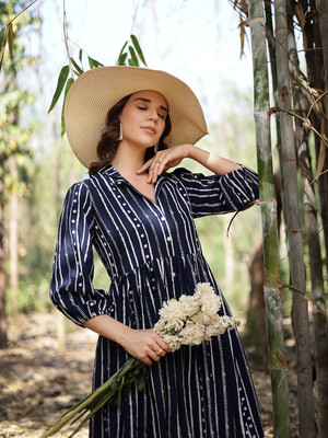 Stylum Women Striped Flared Kurta(Blue)