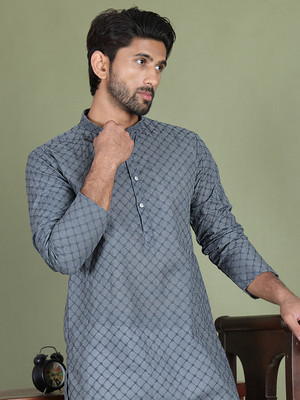 Jompers Men Embroidered Straight Kurta(Grey)