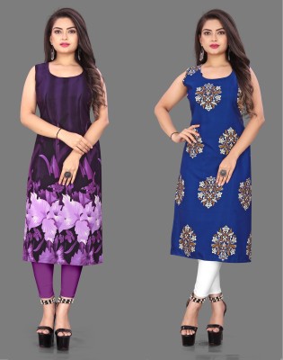 tanvi creation Women Printed Straight Kurta(Purple, Blue)