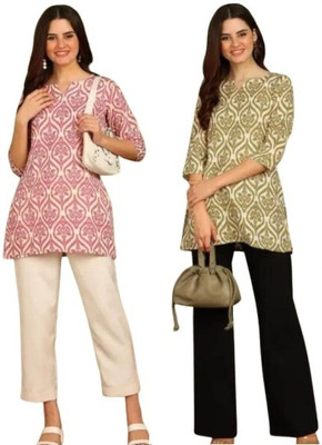 GURUFASHIONS Women Printed Straight Kurta(Maroon, Beige)