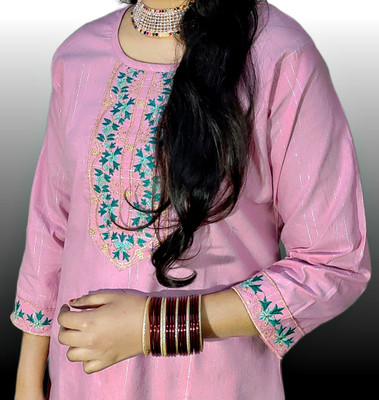 ASCREATION Women Embroidered, Solid Straight Kurta(Pink, Green)