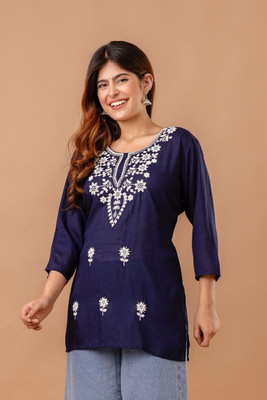KS Collections Women Embroidered A-line Kurta(Dark Blue)